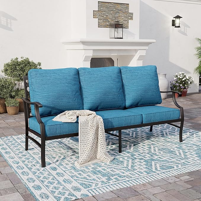 Metal Patio Furniture Sofa with 5.75" Extra Thick Waterproof Cushion, 3-Seater Deep Seating & High-Back Outdoor Couch All Weather Outdoor Seating for Backyard Deck Front Porch, Blue-2