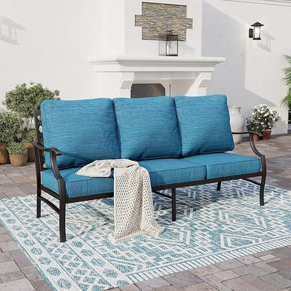 Metal Patio Furniture Sofa with 5.75" Extra Thick Waterproof Cushion, 3-Seater Deep Seating & High-Back Outdoor Couch All Weather Outdoor Seating for Backyard Deck Front Porch, Blue-2