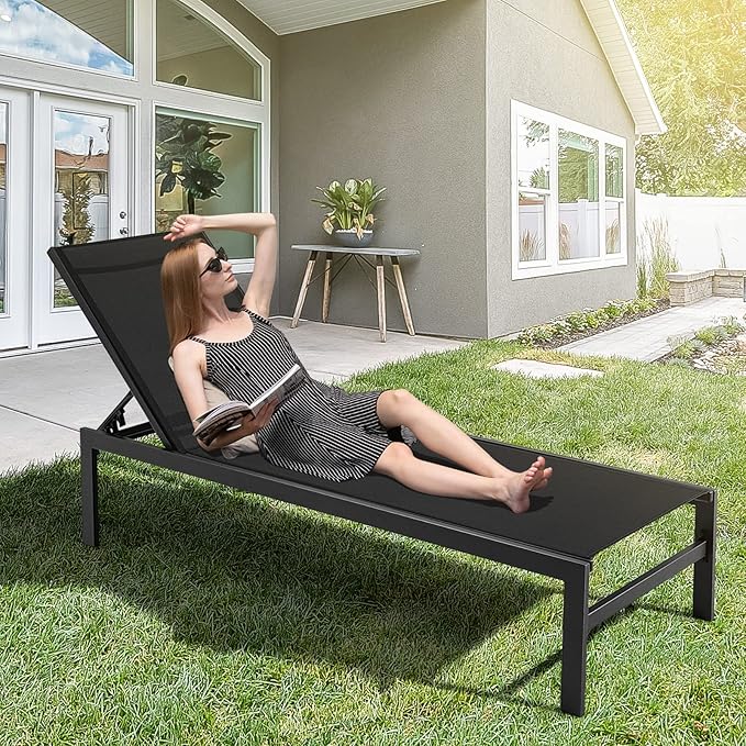 Tangkula Aluminum Lounge Chair Outdoor, Patio Adjustable Chaise Lounge with 6-Position Backrest, Aluminum Frame, Breathable Fabric, Lightweight Recliner Pool Chairs for Poolside, Backyard (1, Black)