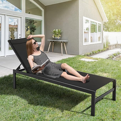 Tangkula Aluminum Lounge Chair Outdoor, Patio Adjustable Chaise Lounge with 6-Position Backrest, Aluminum Frame, Breathable Fabric, Lightweight Recliner Pool Chairs for Poolside, Backyard (1, Black)