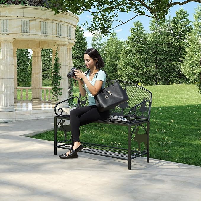 HavenlyYouth Outdoor Bench, Garden Bench with Backrest and Armrests, Patio Bench with Forest Series Pattern, Anti- Rust Thickened Metal Bench Outdoor for Garden, Yard, Patio, Porch, Lawn and Park