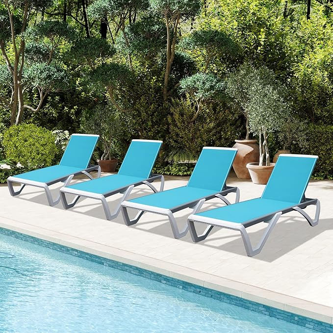 Domi Outdoor Lounge Chairs Set of 4, Aluminum Lounge Chairs for Outside with 5 Position Adjustable Backrest, Outdoor Chaise Lounge for Beach, Yard, Balcony, Poolside, Turquoise Blue