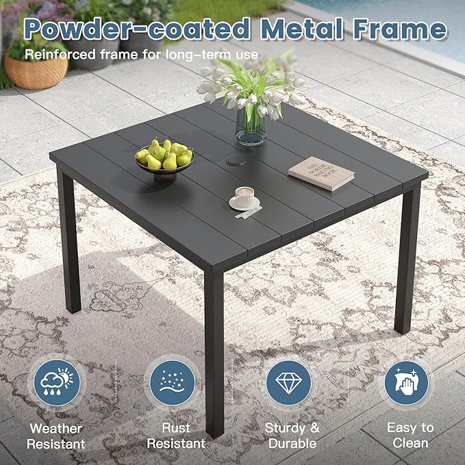 DIFY 40.2" Square Outdoor Dining Table for 4, Slatted Metal Patio Table with Adjustable Umbrella Hole, All-Weather Patio Dining Table for Garden Backyard Deck, Black Tabletop