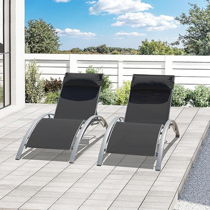Domi Lounge Chair Set of 2, Aluminum Lounge Chairs for Outside with 5 Adjustable Positions, Chaise Lounge Outdoor for Pool, Garden, Beach, Camping, Backyard(Dark Gray)