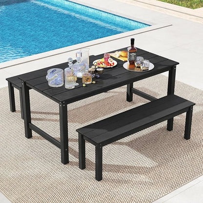 Tangkula 3 Pieces Outdoor HDPE Dining Table Set with 2 Benches, Weather Resistant Patio Furniture Set with 1.77” Umbrella Hole and Wood-Like Surface for Garden, Backyard and Poolside (Black, 3 Pcs)