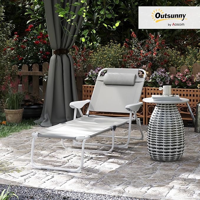 Outsunny Folding Lounge Chair, Portable Outdoor Chaise Lounge, Sun Tanning Chair with 4-Position Reclining Back, Armrests, Metal Frame and Mesh Fabric for Beach, Yard, Patio, Gray
