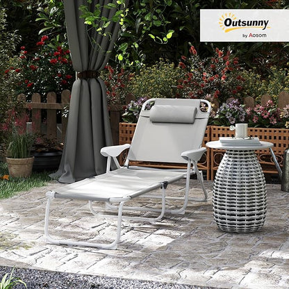 Outsunny Folding Lounge Chair, Portable Outdoor Chaise Lounge, Sun Tanning Chair with 4-Position Reclining Back, Armrests, Metal Frame and Mesh Fabric for Beach, Yard, Patio, Gray