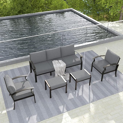 Gotland Aluminum Patio Furniture Set, Metal Outdoor Furniture with 2 Ottomans 5.1’’ High-Resilience Seat Cushions, 5 Piece Patio Set, Oversized Outdoor Sectional Patio Conversation Sets, Gray