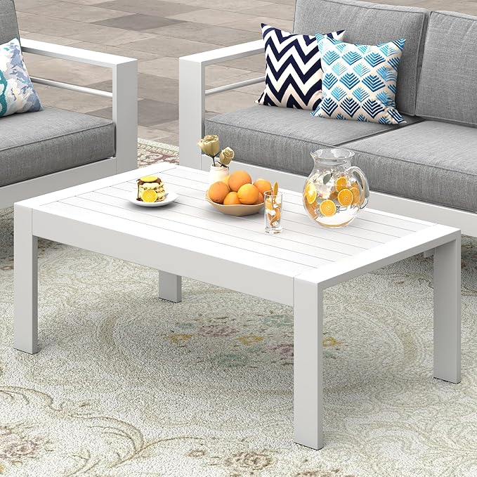 Modern Aluminum Outdoor Coffee Table, All-Weather Metal Rectangle Table for Patio, Balcony or Garden, White