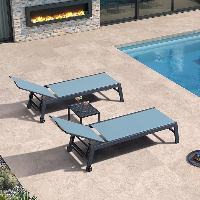 PURPLE LEAF Patio Chaise Lounge Set for 2 Outdoor Chaise Lounge Chair with Aluminum Frame and Wheels Pool Lounge Chairs for Deck Yard Poolside Table Included, Teal