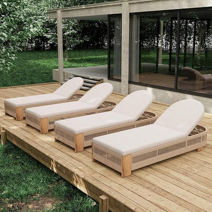 Christopher Knight Home Daskz Outdoor Chaise Lounge Chair Set of 4, Patio Outdoor Acacia Wood Chaise Lounge, Adjustable Backrest Poolside Beach Yard Recliner Chair, Rope Design, 79.5'', Teak+Beige