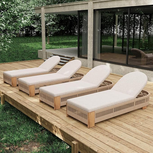 Christopher Knight Home Daskz Outdoor Chaise Lounge Chair Set of 4, Patio Outdoor Acacia Wood Chaise Lounge, Adjustable Backrest Poolside Beach Yard Recliner Chair, Rope Design, 79.5'', Teak+Beige