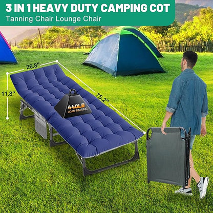 ABORON 3-in-1 Folding Patio Lounge Chair, 440LB Heavy-Duty Tri-Fold Guest Bed with Plush Cotton Cushion, No Assembly Adjustable Recliner for Office Nap, Patio Sunbathing, Poolside & Camping