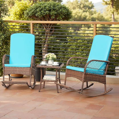 Devoko Outdoor Rocking Chairs 3 Piece Patio Furniture Set with Side Table & Cushions, Wicker Porch Rocker Bistro Set High Back for Balcony, Backyard, Garden (Blue)
