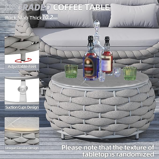 TWT Outdoor Coffee Table for Patio Table Rope Patio Coffee Table Lawn Garden Small Coffee Table with Rock Slab Top All-Weather, 25.6in(Textilene Rope, Light Grey)