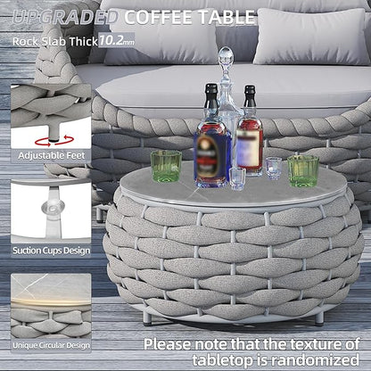 TWT Outdoor Coffee Table for Patio Table Rope Patio Coffee Table Lawn Garden Small Coffee Table with Rock Slab Top All-Weather, 25.6in(Textilene Rope, Light Grey)