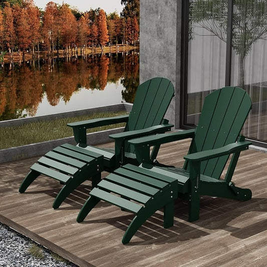 WestinTrends Malibu Outdoor Lounge Chair Set, 4-Pieces Adirondack Chair Set of 2 with Ottoman, All Weather Poly Lumber Patio Lawn Folding Chair for Outside Pool Beach, Dark Green