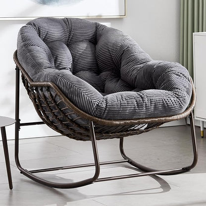 HOMEFUN Outdoor Patio Rocking Chairs, Oversized Papasan Rock Chair Indoor with Striped Velvet Padded Cushion - Rocker Egg Seat for Front Porch, Garden, Patio, Backyard Grey