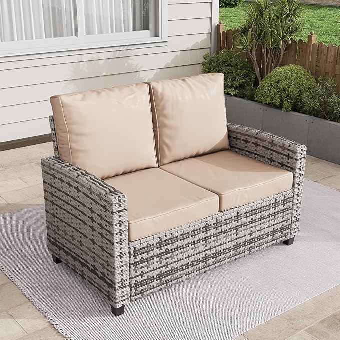 Outdoor Patio Loveseat, All-Weather Outdoor Wicker Sofa with Comfy Cushions, Patio Furniture Set 2 Person Couch - Photo 3