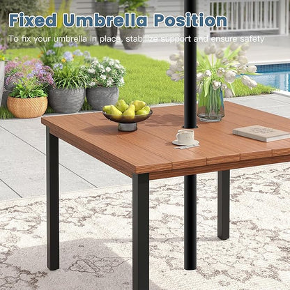 DIFY 40.2" Square Outdoor Dining Table for 4, Slatted Metal Patio Table with Adjustable Umbrella Hole, All-Weather Patio Dining Table for Garden Backyard Deck, Walnut Tabletop