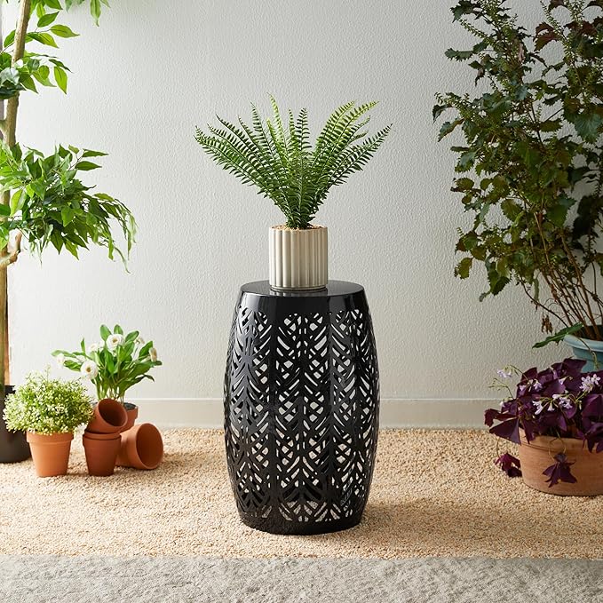 Glitzhome Set of 2 Outdoor Side Table with Leaf Pattern Solar Powered Light, 18.25" H Iron Cutout Drum Garden Stool Solar Decorative Lanterns, Metal End Table Plant Stand for Indoor Outdoor, Black