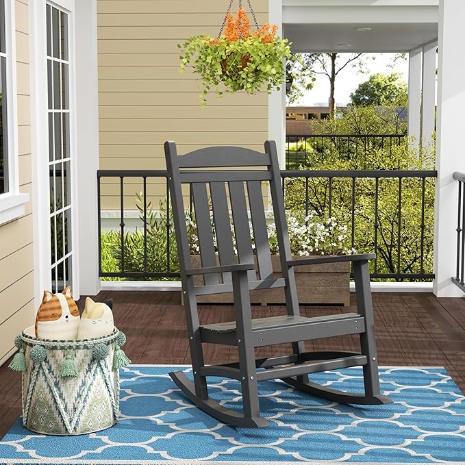WO Home Furniture Patio Rocking Chair Farmhouse Outdoor HDPE UV Weather Resistant (Grey)