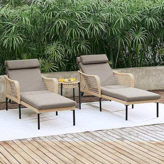 NATURAL EXPRESSIONS Aluminum Outdoor Chaise Lounge Chairs, Wicker Patio Lounge Chair Set of 2 with Side Table, 5-Position Recliner with Headrest Cushion for Yard, Pool (Shale)