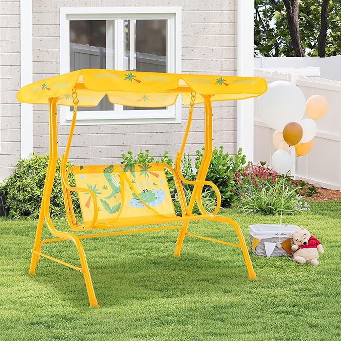 Costzon Kids Porch Swing, All-Weather Patio Swing Bench Hammock w/Adjustable Canopy & Safety Belts for 2 Children - Photo 7