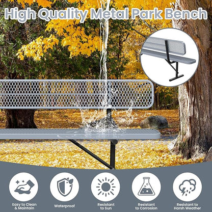 8ft Park Bench with Backrest, Gray Heavy Duty Outdoor Metal Bench Weatherproof Steel Long Playground Bench Seats, Commercial Garden Benches Dock Benches for Lawn, Park, Deck,Patio, Porch