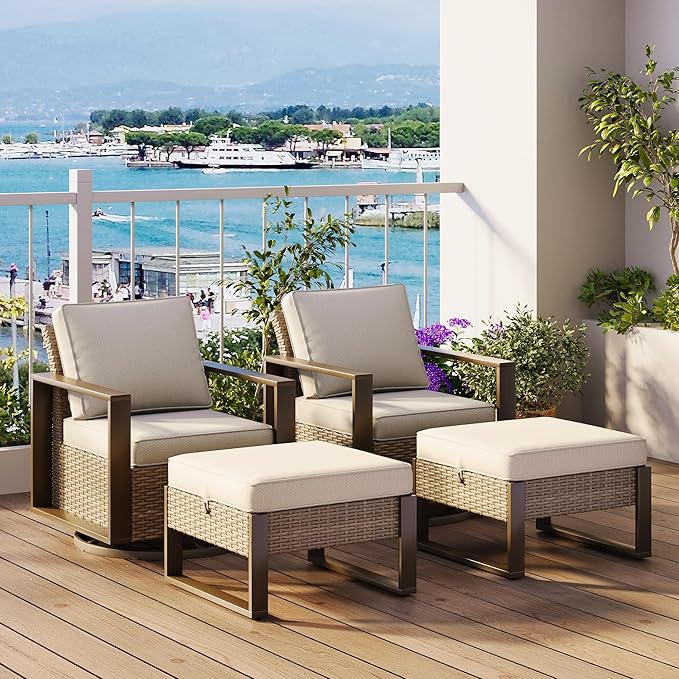 Outdoor Wicker Metal Chairs Set of 2 with Two Ottomans, 360 Degree Glider Rockers Armchairs - Photo 7