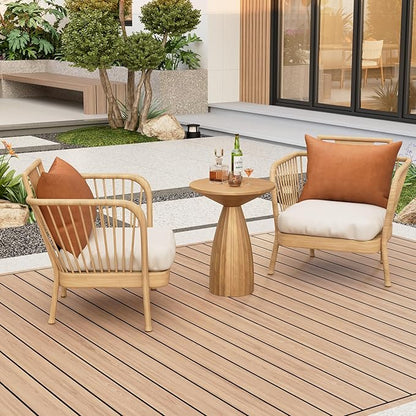 Metal Small Patio Table, Round Outdoor Side Table, Wood Color Outdoor Accent Patio End Table, for Garden, Pool, Deck, Balcony, Yard, Living Room, Weather Resistant, No Assembly