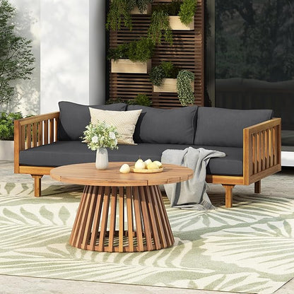Merax Outdoor Acacia Wood Conversation Set - Patio 3-Seat Loveseat Sofa w/Coushion and Round Coffee Table for Backyard, Lawn, Balcony, Teak+Dark Gray/Light Teak