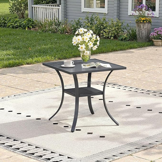 Outdoor Dining Table with Storage Shelf, 27.5" All-Weather Square Patio Dining Table for 2, Metal Patio Table for Garden Lawn Porch Deck Yard, Dark Grey