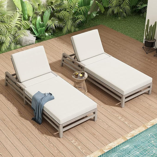 Leisure Zone 5-Position Adjustable Outdoor Chaise Lounge Set of 2, Solid Acacia Wood Patio Recliner Chairs with Beige Thick Weather-Resistant Cushions, for Pool, Balcony, Garden (Gray)