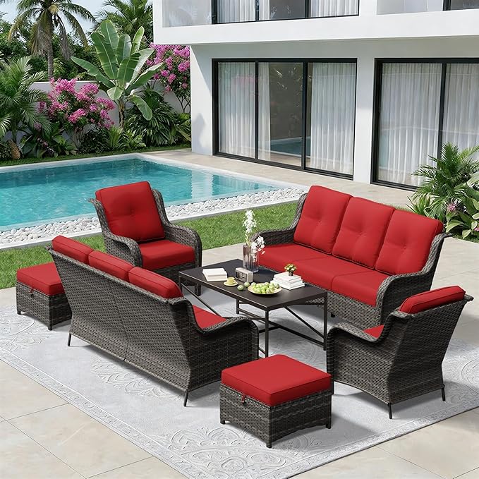 7 Piece Outdoor Wicker Patio Furniture Set, Patio Chairs Set with Thickened Olefin Cushions, High Back and Deep Seating, Hand-Woven PE Rattan, Ottoman for Porch, Deck