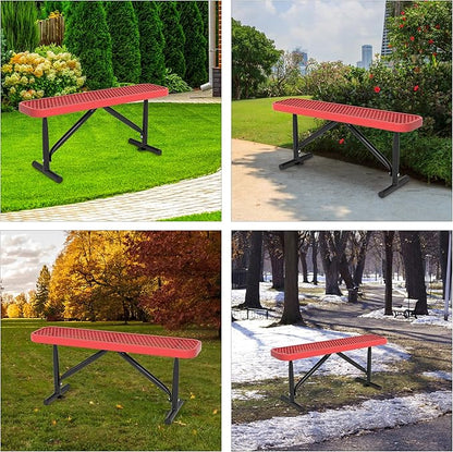 Park Benches for Outside, 72" L Red Metal Backless Bench Weatherproof Porch Furniture Patio Seating, Commercial Heavy Duty Bench for Outside, Lawn, Backyard, Park, Deck, Garden, Patio, School