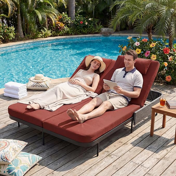BULEXYARD 51.2" Double Chaise Lounge Outdoor, 2-Person PE Wicker Patio Daybed with Dual 5-Position Adjustable Backrest - Photo 1