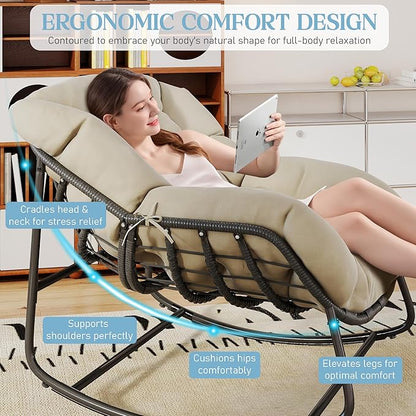 Fancyango Oversized Egg Rocking Chair for Indoor/Outdoor – All-Weather Wicker Rattan Lounge Chair with Cushion, Patio Rocker for Porch, Garden, or Balcony (Beige, 37''Dx37.4''Wx31.5''H)