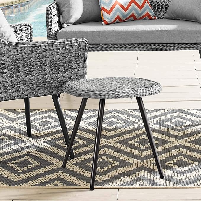 Modway Endeavor Wicker Rattan Aluminum Glass Outdoor Patio Side End Table in Gray