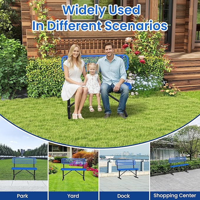 Heavy Duty Park Bench with Back Portable Frame, Outdoor Steel Bench with Backrest, Outdoor Park Bench Expanded Metal Mesh Bench for Lawn, Park, Deck, Garden, Patio, Porch, Black (Blue, 4FT)