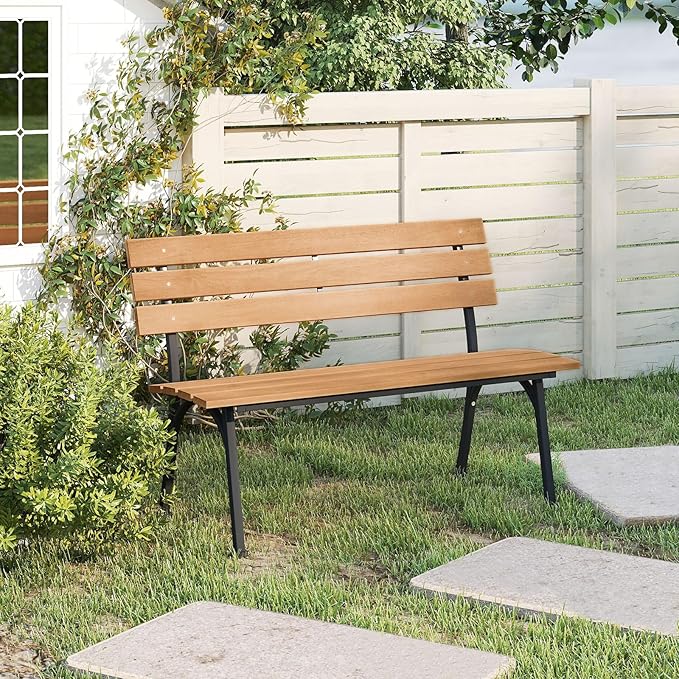 Tangkula Acacia Wood Outdoor Bench with Backrest, Patio Loveseat with Heavy Duty Metal Frame, Slatted Backrest and Seat, Park Bench for Outside Front Porch, Garden and Backyard