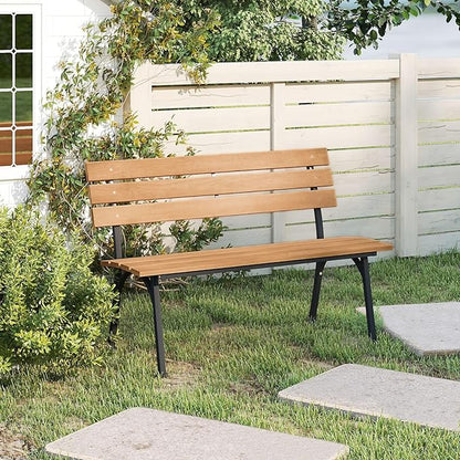 Tangkula Acacia Wood Outdoor Bench with Backrest, Patio Loveseat with Heavy Duty Metal Frame, Slatted Backrest and Seat, Park Bench for Outside Front Porch, Garden and Backyard