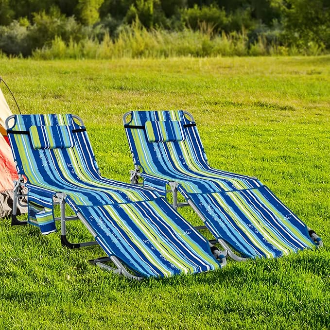 Goplus Tanning Chair, Folding Outdoor Beach Lounge Chair with Face & Arm Hole, Carrying Strap, Pillow, Side Pocket - Photo 8