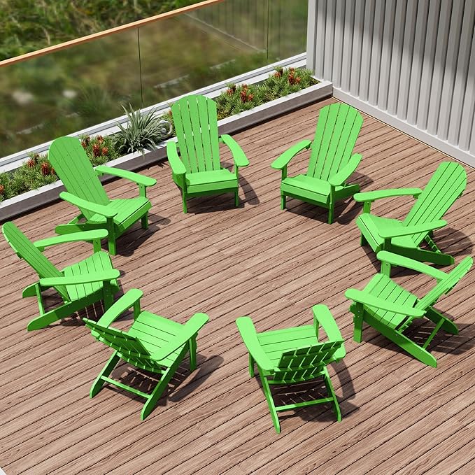 YEFU Adirondack Chairs Set of 8: Plastic Adirondack Chairs - Patio Chairs with Wood Texture - Outdoor Chair HIPS - Lawn Fire Pit Deck Porch Garden Chairs for Adults (Lime)