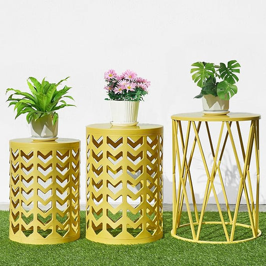 Y&M Nesting Side Table, Set of 3 Stacking Coffee Table for Living Room, Indoor End Tables, Outdoor Decorative Garden Stool with Heavy Duty Metal Frame Modern Industrial Decor - Yellow