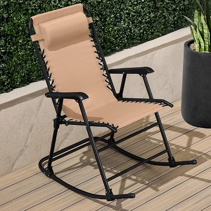 Best Choice Products Outdoor Folding Rocking Chair, Zero Gravity Lounge Chair, Patio Rocker w/Headrest Pillow - Beige - Photo 2