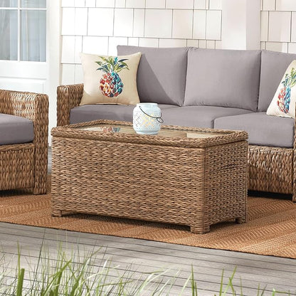 Laguna Point 40'' Outdoor Wicker Coffee Table w/Flip-Top Storage, HDPE Rattan Patio Center Table with Tempered Glass Top, Tan