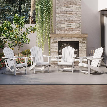 Costaelm Lakeview Outdoor Patio HDPE Adirondack Chairs with Cup Holders (Set of 4), White