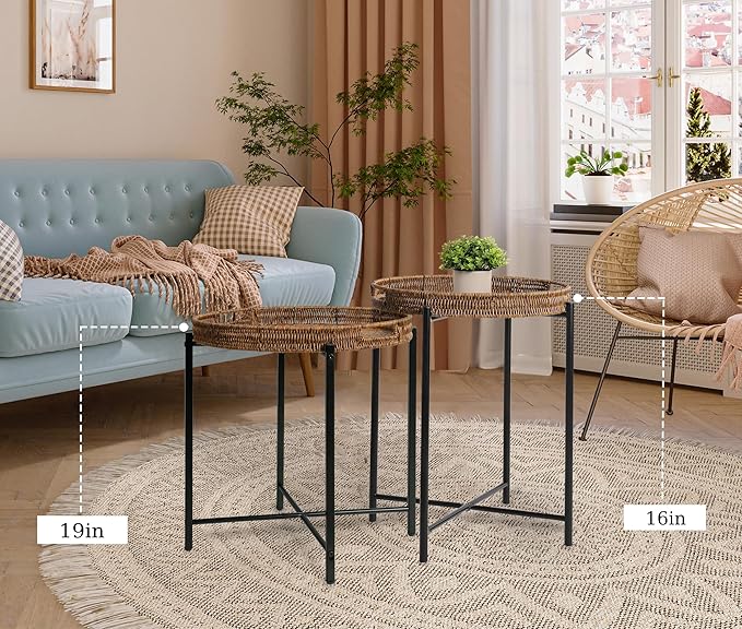 Brown Small Round End Table, 19in Rattan End Tables, Wicker Rattan Side Table, Round Sofa Side Table - Photo 8