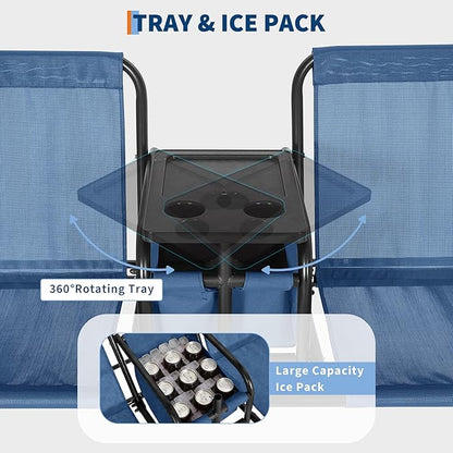 Porch Swing with Cup Holders & Pivot Storage Table & Cooler Bag with Adjustable Canopy for 2 Person Patio Swing for Backyard Balcony Poolside Red Blue